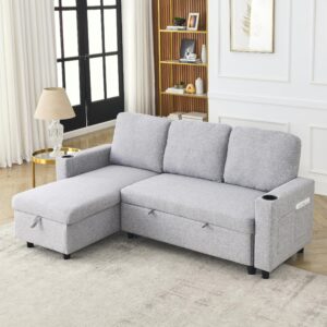 RuiSiSi L-Shaped Combo Sofa Bed, Living Room Furniture Sets for Tight Spaces, Reversible Sleeper Combo Sofa with Pullout Bed for Living Room, Office, Apartment, Light Grey