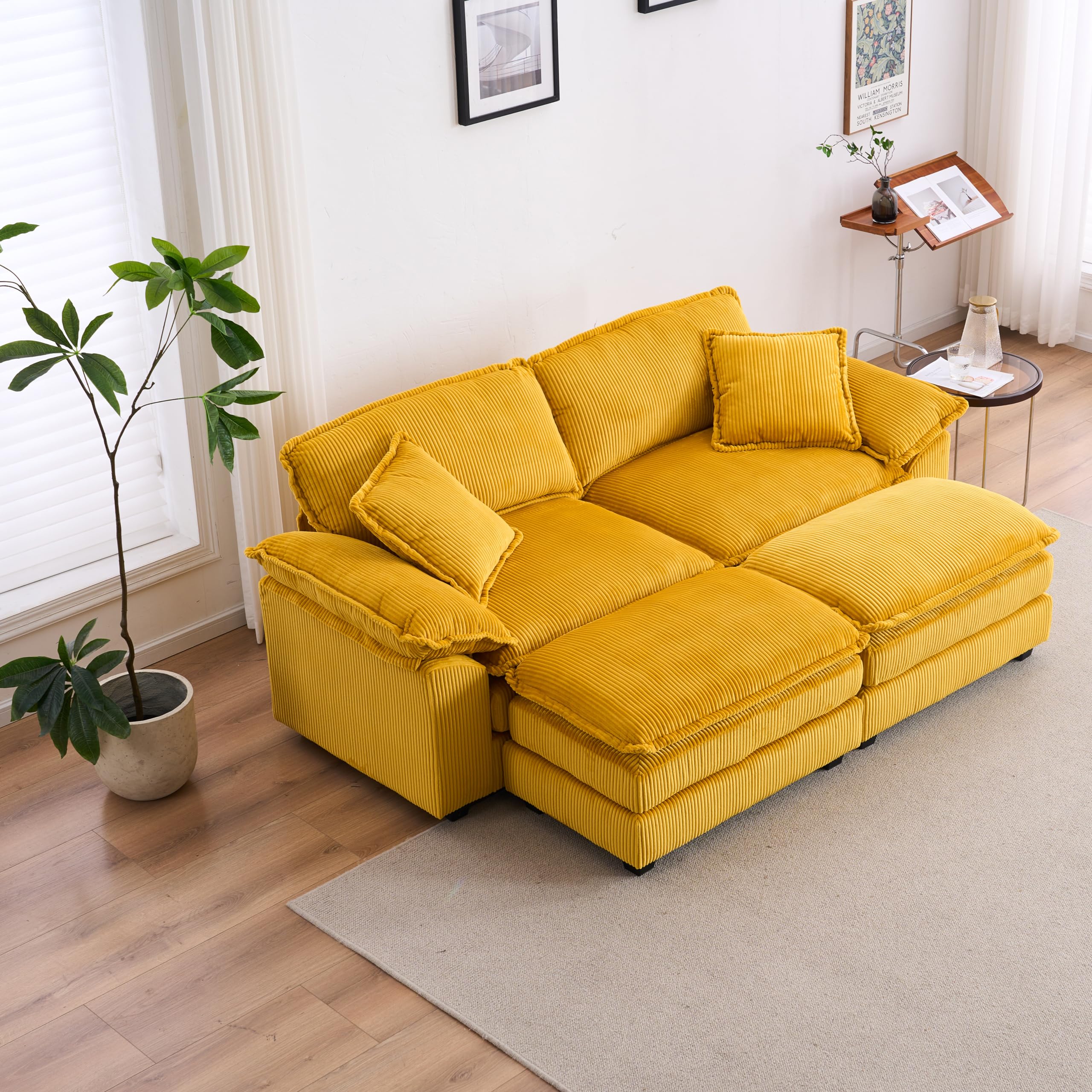 ERYE Oversized Loveseat Sectional Sofa Modern Deep Seat Reversible Chaises Couch with 2 Movable Ottomans and Pillows, Modular Corduroy Upholstered Sleeper Daybed for Living Room,Apartment,Office