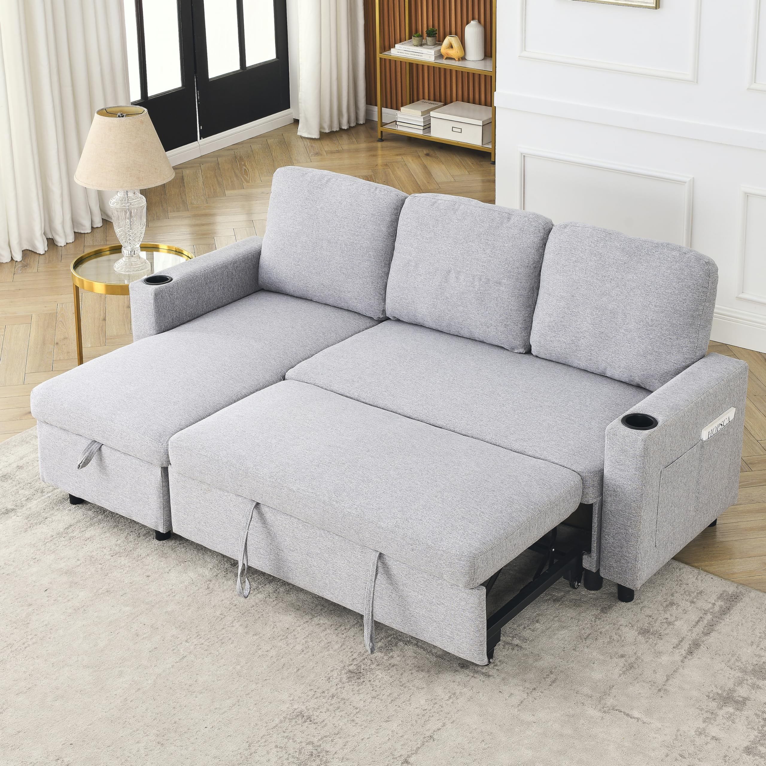 RuiSiSi L-Shaped Combo Sofa Bed, Living Room Furniture Sets for Tight Spaces, Reversible Sleeper Combo Sofa with Pullout Bed for Living Room, Office, Apartment, Light Grey