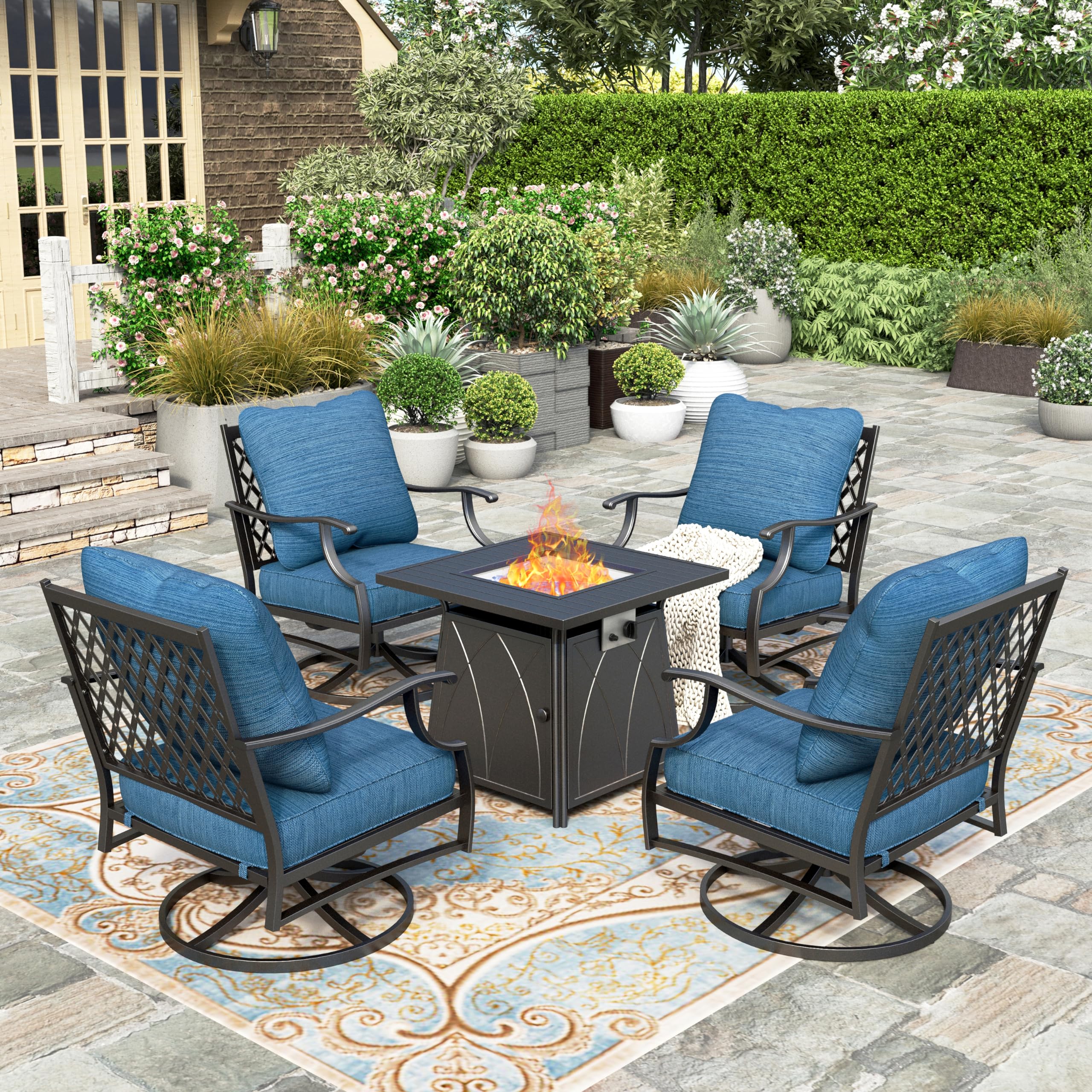 HERA'S HOUSE 5 Pieces Fire Pit Patio Furniture Set, 4 x Thick Cushioned Swivel Chairs with 28" Fire Pit Table (50,000 BTU), Outdoor Conversation Set for Garden Backyard Lawn, Pacific Blue