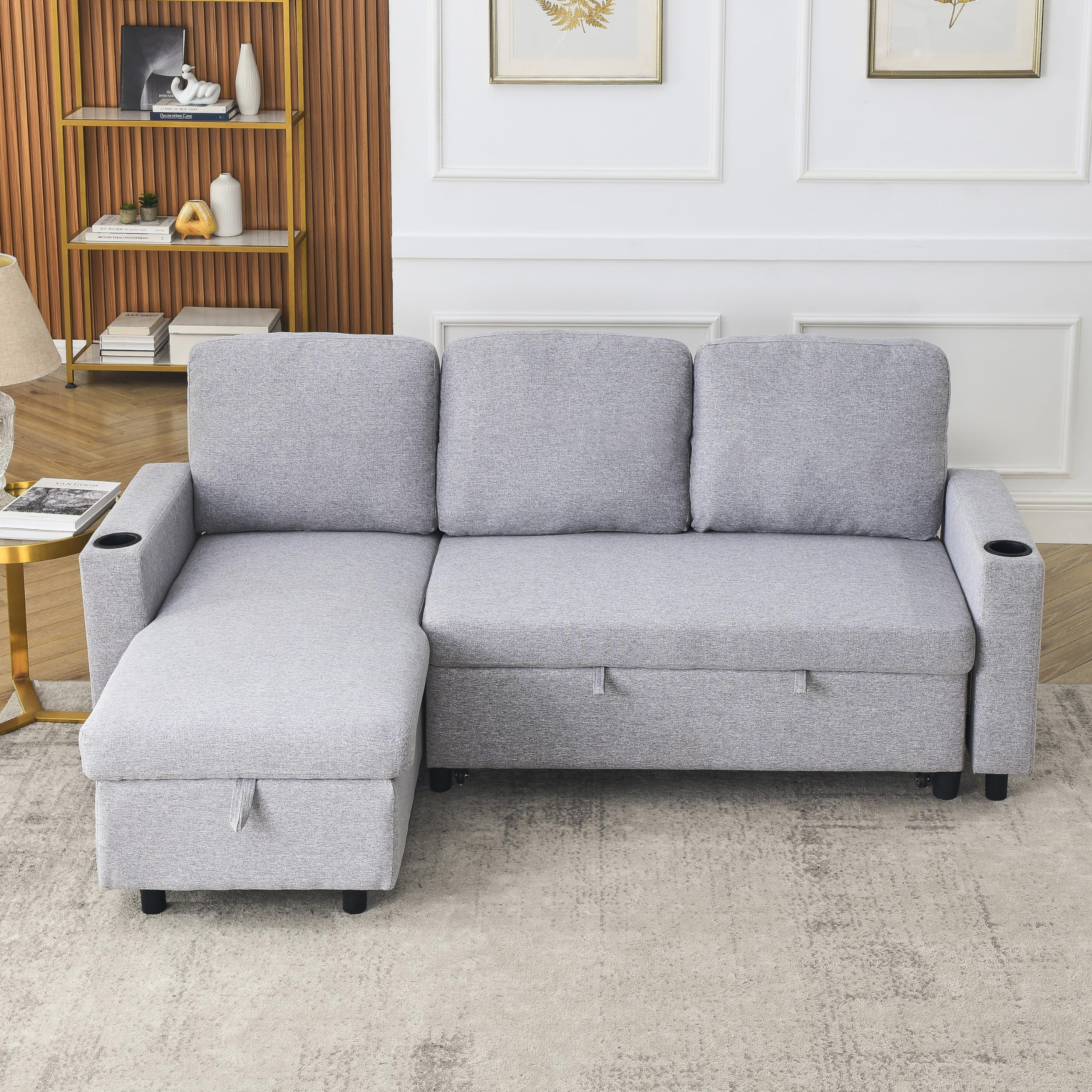 RuiSiSi L-Shaped Combo Sofa Bed, Living Room Furniture Sets for Tight Spaces, Reversible Sleeper Combo Sofa with Pullout Bed for Living Room, Office, Apartment, Light Grey