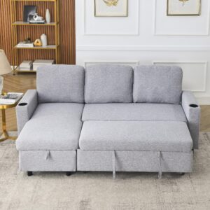 RuiSiSi L-Shaped Combo Sofa Bed, Living Room Furniture Sets for Tight Spaces, Reversible Sleeper Combo Sofa with Pullout Bed for Living Room, Office, Apartment, Light Grey