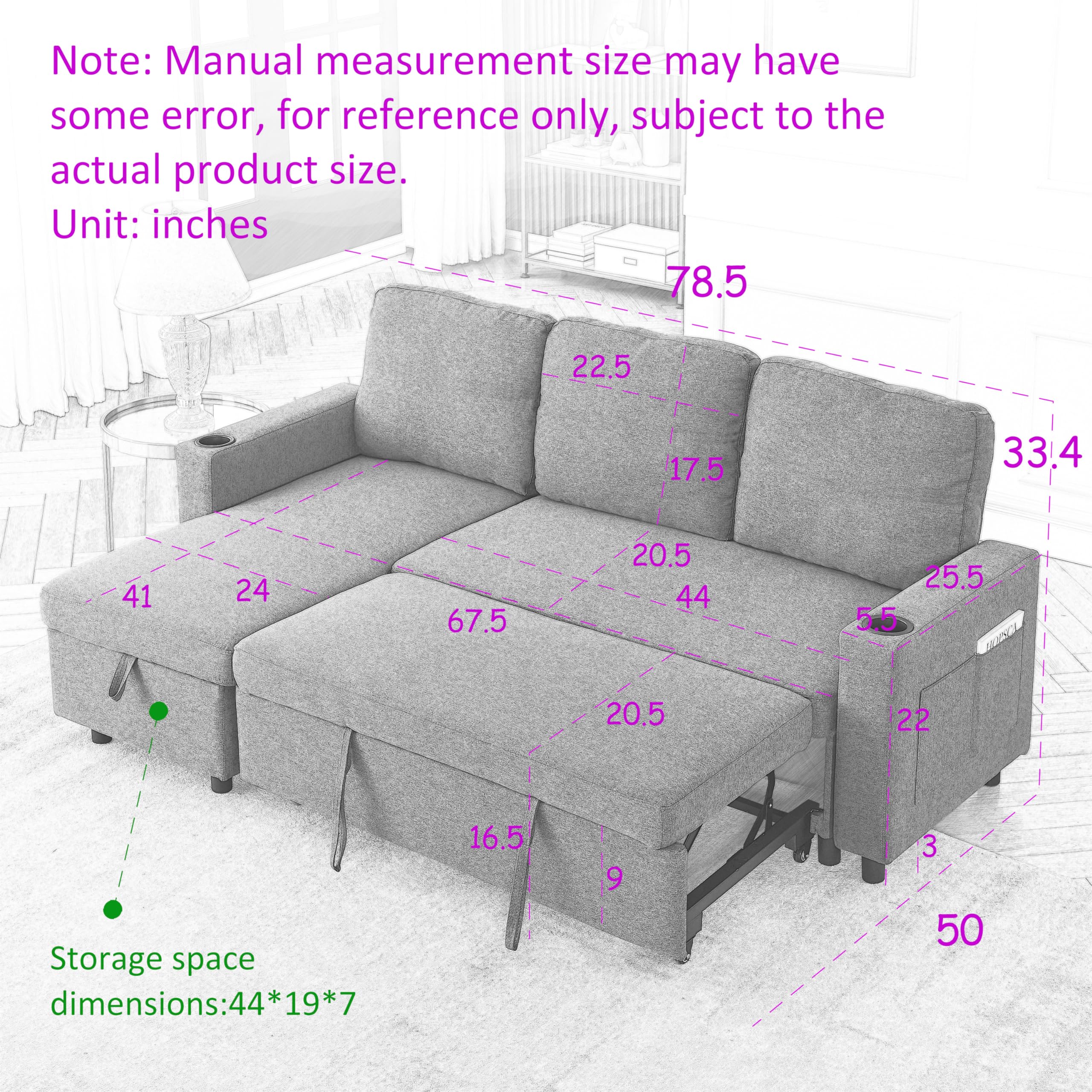 RuiSiSi L-Shaped Combo Sofa Bed, Living Room Furniture Sets for Tight Spaces, Reversible Sleeper Combo Sofa with Pullout Bed for Living Room, Office, Apartment, Light Grey