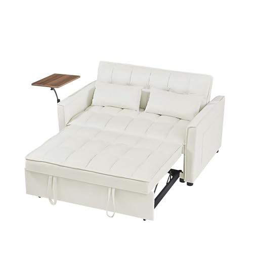 FANYE Modern Minimalist Living Room Loveseat Sofa Couch W/Pull Out Sleeper Couch Bed & Adjustable Sidetable Convertible Twin Size Sofabed Bring Side Storage Pockets for Home Apartment Office