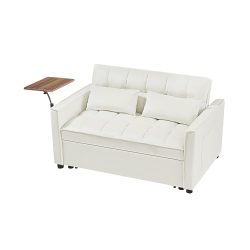 FANYE Modern Minimalist Living Room Loveseat Sofa Couch W/Pull Out Sleeper Couch Bed & Adjustable Sidetable Convertible Twin Size Sofabed Bring Side Storage Pockets for Home Apartment Office