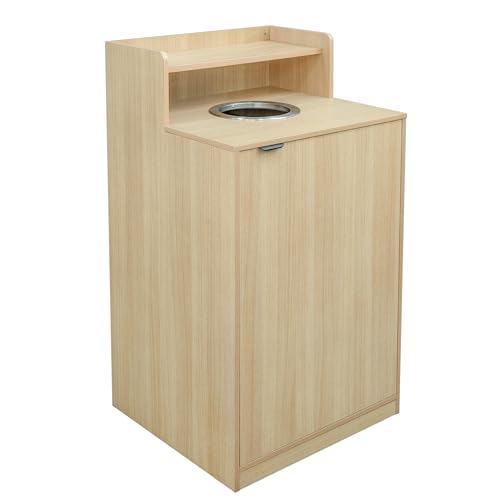 Flash Furniture Dell Trash Can Enclosure with Tray Shelf and 8" Drop Hole, Commercial Grade Trash Receptacle for 32 Gallon Round Cans, Swing Door Access, Oak