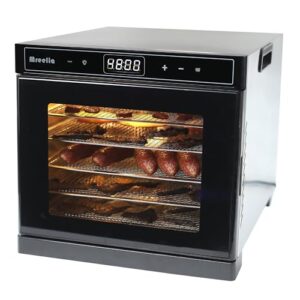 mreelia food dehydrator, 8 stainless steel trays, dryer for jerky, dog treats, herb, meat, beef, fruit | keep warm function, 48h digital timer and 176°f temperature control, ul certification report