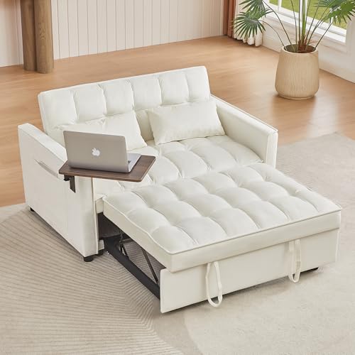 FANYE Modern Minimalist Living Room Loveseat Sofa Couch W/Pull Out Sleeper Couch Bed & Adjustable Sidetable Convertible Twin Size Sofabed Bring Side Storage Pockets for Home Apartment Office