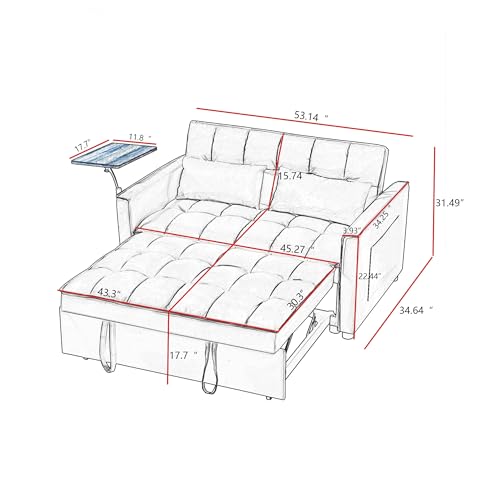 FANYE Modern Minimalist Living Room Loveseat Sofa Couch W/Pull Out Sleeper Couch Bed & Adjustable Sidetable Convertible Twin Size Sofabed Bring Side Storage Pockets for Home Apartment Office