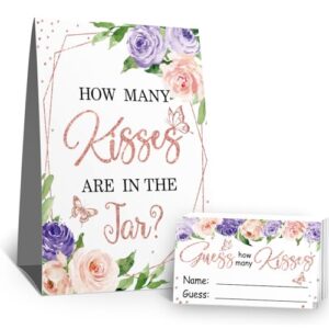 how many kisses purple floral bridal shower party game raffle cards kit(1 standing sign-50 guessing cards) purple floral baby shower game cards party decorations raffle insert ticket-5