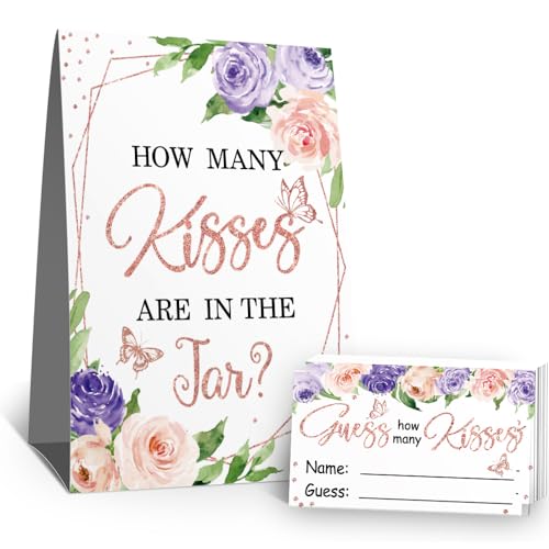 How Many Kisses Purple Floral Bridal Shower Party Game Raffle Cards Kit(1 Standing Sign-50 Guessing Cards) Purple Floral Baby Shower Game Cards Party Decorations Raffle Insert Ticket-5