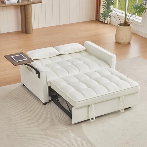 FANYE Modern Minimalist Living Room Loveseat Sofa Couch W/Pull Out Sleeper Couch Bed & Adjustable Sidetable Convertible Twin Size Sofabed Bring Side Storage Pockets for Home Apartment Office