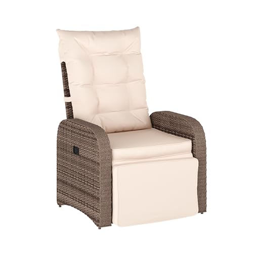 Flash Furniture Nemo Indoor/Outdoor Patio Wicker Rattan Recliner, Lounge Chair with Flip-Up Side Table, Beige/Brown