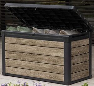 Keter Ashwood 100 Gallon Resin Deck Box Organization and Storage for Patio Furniture Outdoor Cushions, Throw Pillows, Garden Tools and Pool Toys, Brown