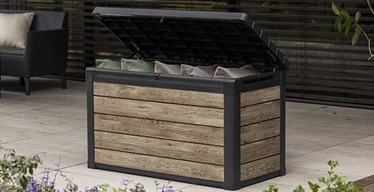 Keter Ashwood 100 Gallon Resin Deck Box Organization and Storage for Patio Furniture Outdoor Cushions, Throw Pillows, Garden Tools and Pool Toys, Brown