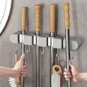 Punch Free Multifunctional Mop Holder for Wall, Multifunctional Mop Holder With Hook, Broom Mop Holder Garden Tool Organizers Storage Rack, Heavy Duty Self Adhesive Mop Holder Wall Mounted (White D)