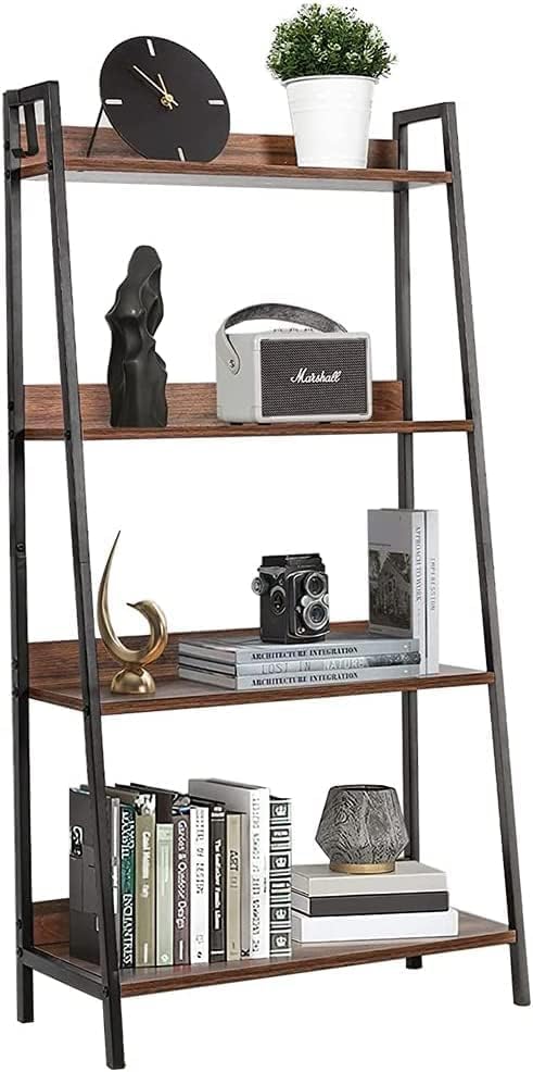 Bookshelf 4-Tier, 23.5inch Ladder Shelf, Industrial Bookcases, Etagere Utility Organizer Shelves, Small Freestanding Display Shelves with Metal Frame for Bedroom, Living Room, Plant, Brown