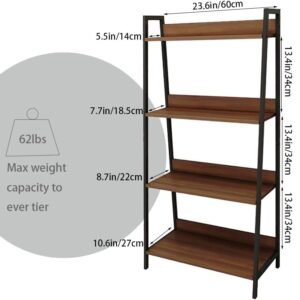 Bookshelf 4-Tier, 23.5inch Ladder Shelf, Industrial Bookcases, Etagere Utility Organizer Shelves, Small Freestanding Display Shelves with Metal Frame for Bedroom, Living Room, Plant, Brown