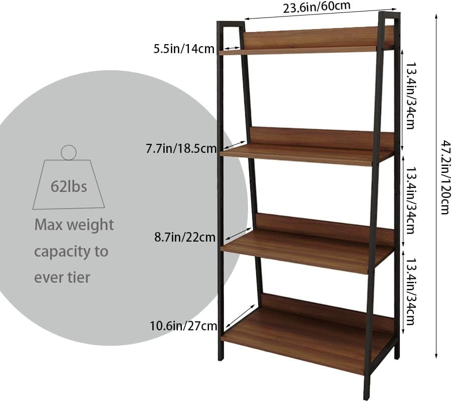 Bookshelf 4-Tier, 23.5inch Ladder Shelf, Industrial Bookcases, Etagere Utility Organizer Shelves, Small Freestanding Display Shelves with Metal Frame for Bedroom, Living Room, Plant, Brown