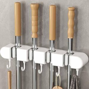 punch free multifunctional mop holder for wall, multifunctional mop holder with hook, broom mop holder garden tool organizers storage rack, heavy duty self adhesive mop holder wall mounted (white d)