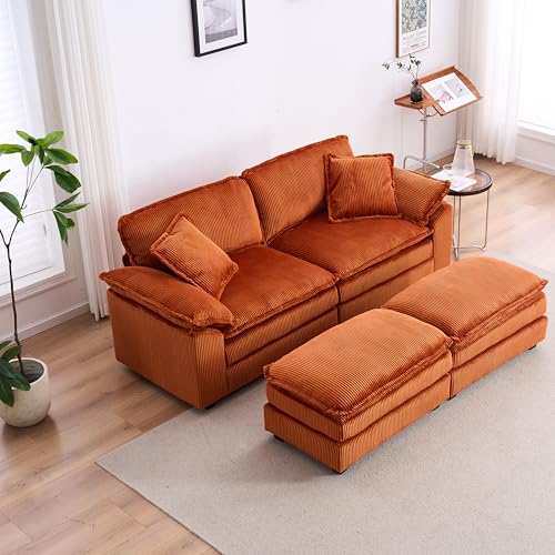 Free Combination Convertible Modular Sectional Sofa Cloud Couch, Comfy Corduroy Double-Upholstered Sleeper Sofa,84.6" Wide Loveseat Couches with Moveable Ottomans and Detachable Pillow-top Armrest