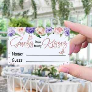 How Many Kisses Purple Floral Bridal Shower Party Game Raffle Cards Kit(1 Standing Sign-50 Guessing Cards) Purple Floral Baby Shower Game Cards Party Decorations Raffle Insert Ticket-5