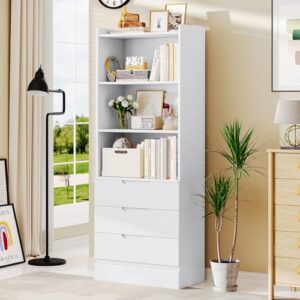 Hasuit Tall Bookshelf with Drawers Bookcase with 3 Drawers and 3-Tier Open Shelves Tall White Bookshelf with Anti-Tipping Kits Wood Bookshelf with Storage for Study Living Room Kitchen Bathroom, White