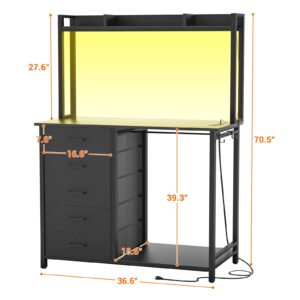 Cyclysio Dresser for Bedroom with Hutch & Clothes Rack, 70'' Tall 5 Drawers Dresser with Shelves, Black Dresser Closet with Charging Station & LED Lights, TV Stand Dresser with Hooks, Bedroom, Closet