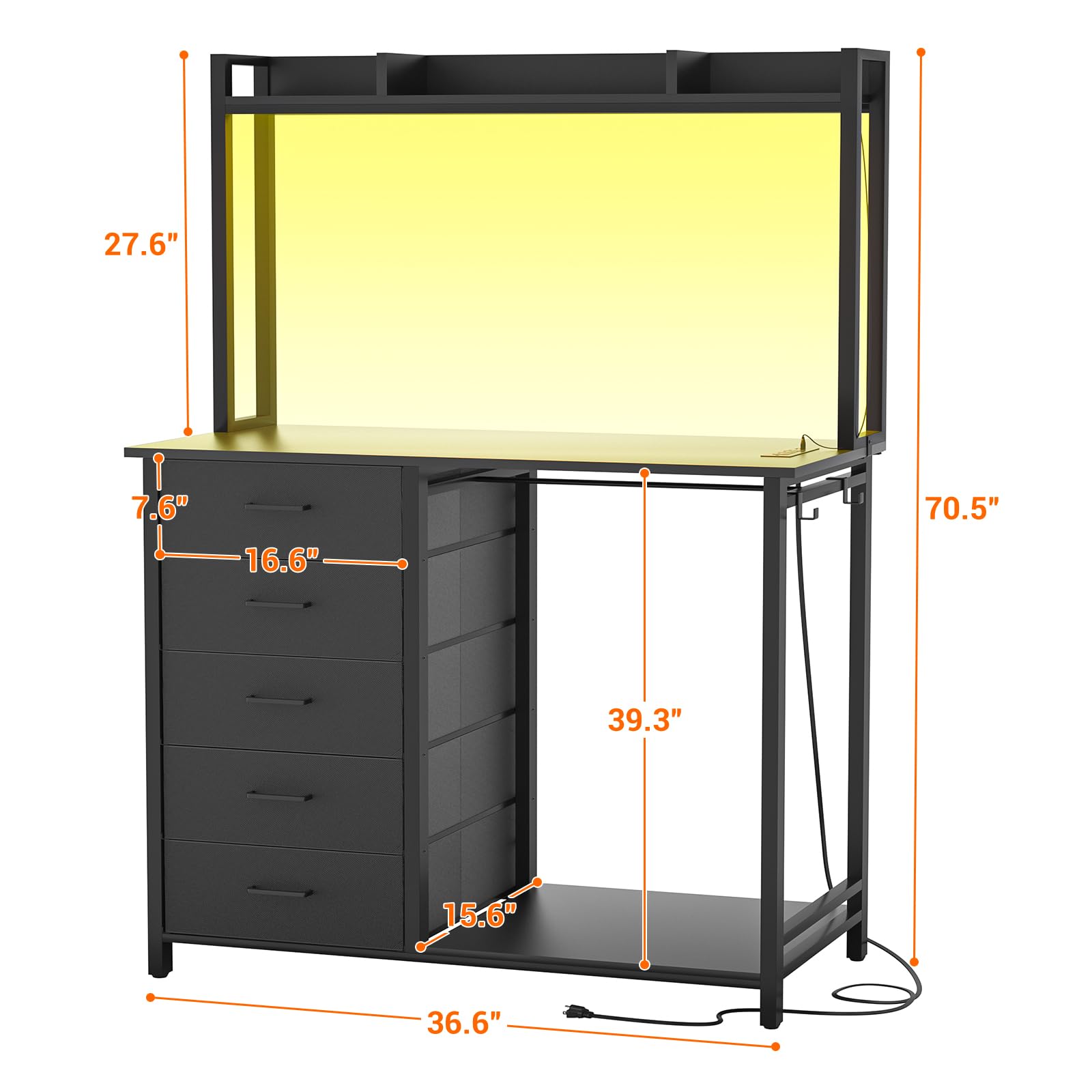 Cyclysio Dresser for Bedroom with Hutch & Clothes Rack, 70'' Tall 5 Drawers Dresser with Shelves, Black Dresser Closet with Charging Station & LED Lights, TV Stand Dresser with Hooks, Bedroom, Closet