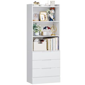 hasuit tall bookshelf with drawers bookcase with 3 drawers and 3-tier open shelves tall white bookshelf with anti-tipping kits wood bookshelf with storage for study living room kitchen bathroom, white