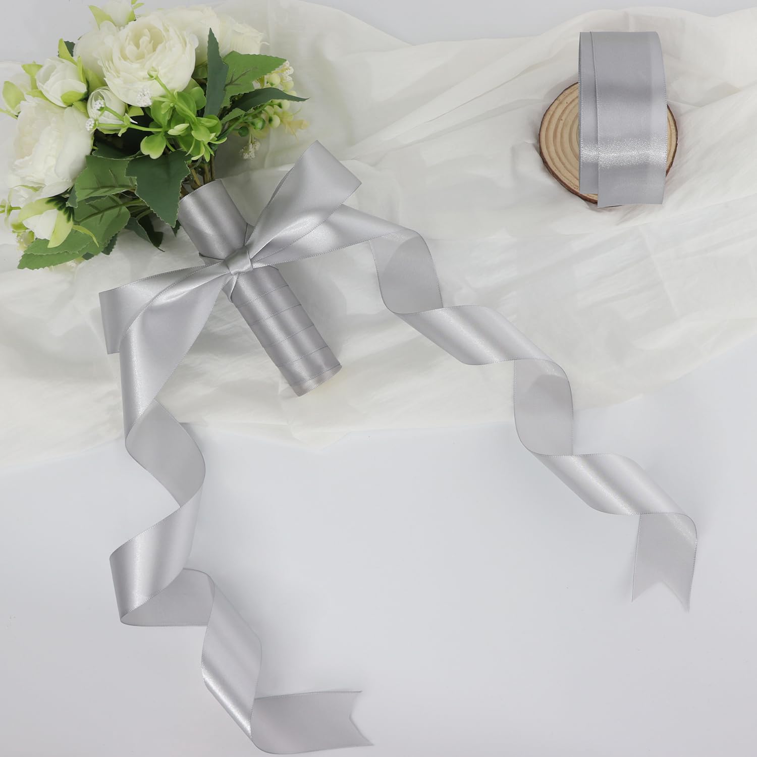 RIUNBB Gray Solid Satin Ribbon 1-1/2 Inch 25 Yards Solid Polyester Fabric Ribbon for Gift Wrapping Wedding Christmas Baby Shower Birthday Party Decoration Handmade Immortal Flower Craft