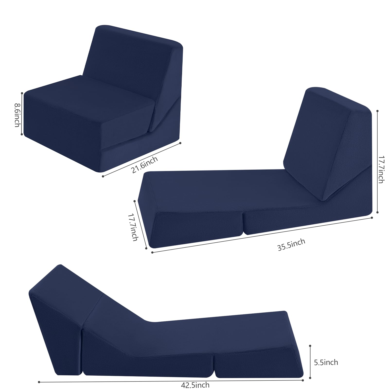 MeMoreCool Toddler Couch Fold Out Sofa Bed, Kids Lounge Chair Foldable Floor Lounger, 3-in-1 Folding Children Chair Bed, Pull Out Recliner for Toddlers 1-3, Navy