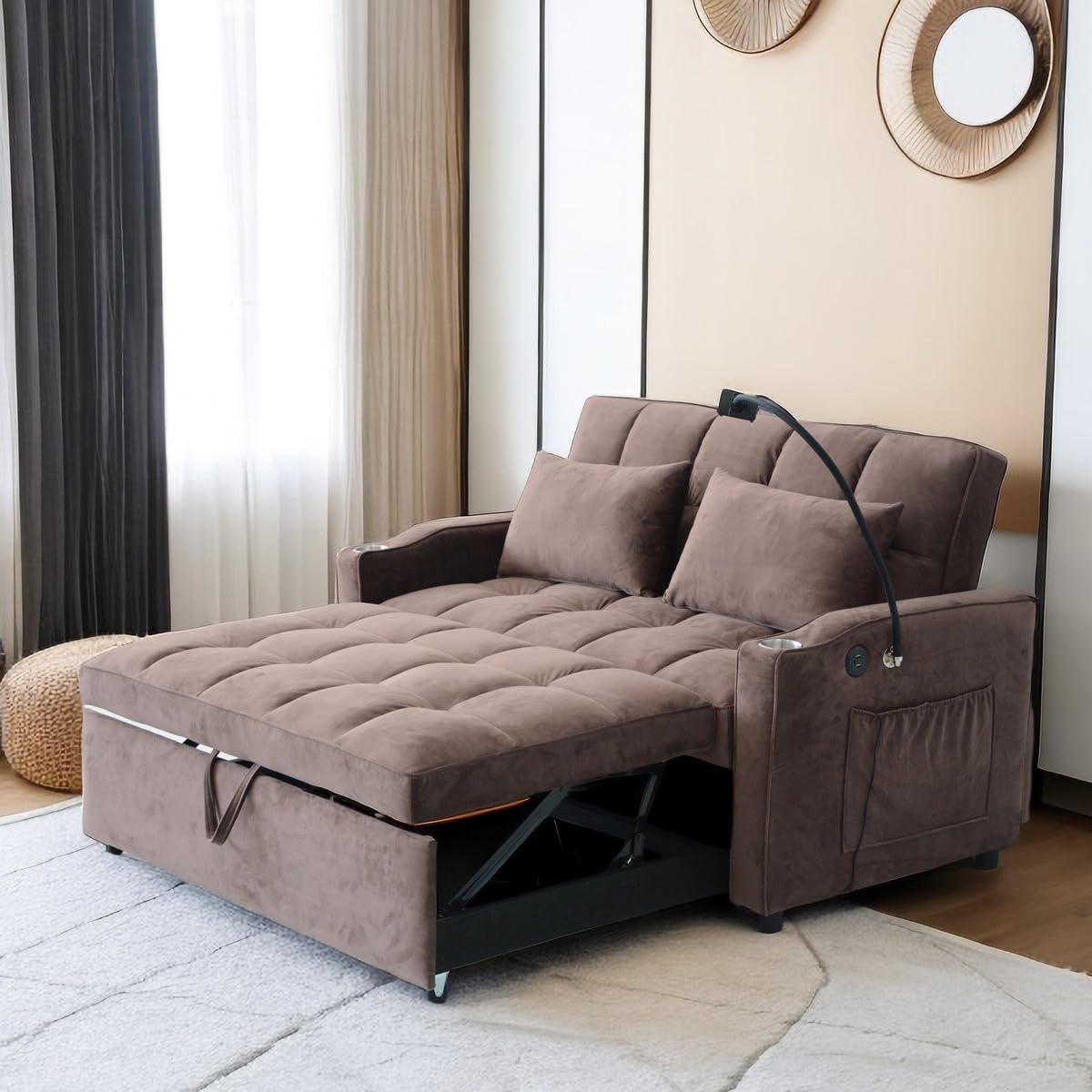 Redde Boo 3 in 1 Convertible Sleeper Sofa Bed, Modern Velvet Recliner Futon Sofa Pullout with Adjustable Backrest, Storage Bag and Pillows for Living Room, Bedroom (Brown, with Cell Phone Holder)