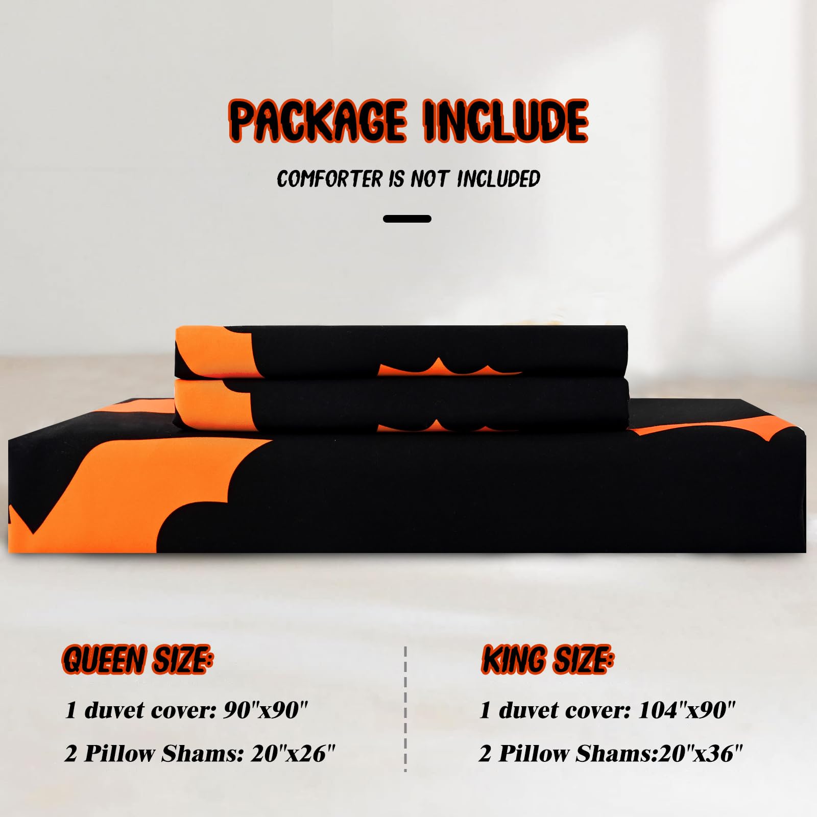 ASPMIZ 3 Piece Halloween Duvet Cover Queen Size Set, Black Bats Duvet Cover Set with Zipper Closure, Orange Flying Bat Comforter Cover Set 1 Duvet Cover 90 x 90 inches & 2 Pillow Shams