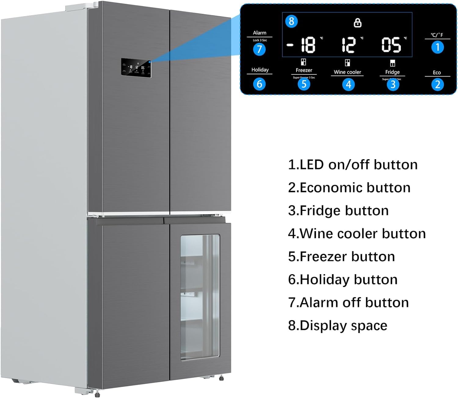 GarveeHome 36 Inch French Door Refrigerator, 21 Cu.Ft. Counter Depth Refrigerator Bottom Freezer with Wine Cabinet, Stainless Steel 4 Doors Fridges Kitchen Freezer, Adjustable Shelves