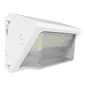 rab w22-m-60w 60w led wall pack light, 120-277v, dusk to dawn with photocell, 9105lm, power & color temperature adjustable (3/4/5k), light throw (0-45 deg), 0-10v dim, glass lens, dlc premium, white