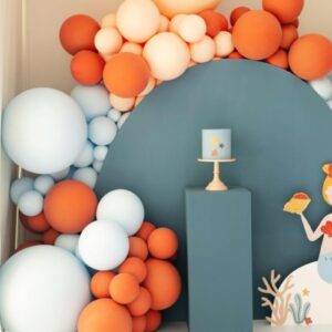 Orange And Blue Balloons,60 Pcs 12 Inches Orange Macaron Orange Retro Sea Blue Teal Ivory White Balloons With Ribbons for Birthday Baby Shower Graduation Engagement Party Decorations