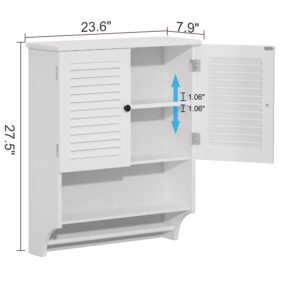 ChooChoo Medicine Cabinet with Towels Bar, 23.6" L x7.9 W x27.5 H MDF Material Bathroom Wall Cabinet, 2 Doors Over The Toilet Space Saver Storage Cabinet with Large Space, White