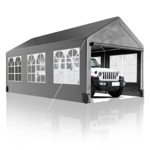 10x20ft carport, heavy duty carport canopy with 4 load-bearing sandbags, roll up mesh window, pe waterproof canopy, reinforced steel pipes 1.3mm tube wall thickness for cars, truck (grey)