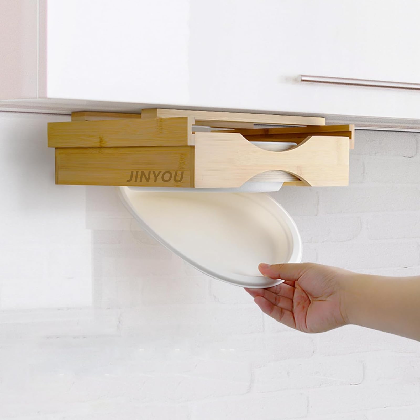 JINYOU Paper Plate Dispenser, 【New Upgrade】 Paper Plate Dispenser Under Cabinet for Size 8.5" 9" 10" Paper Plates, Under Cabinet Paper Plate Holder with Adjustment Stem, for Kitchen Restaurant