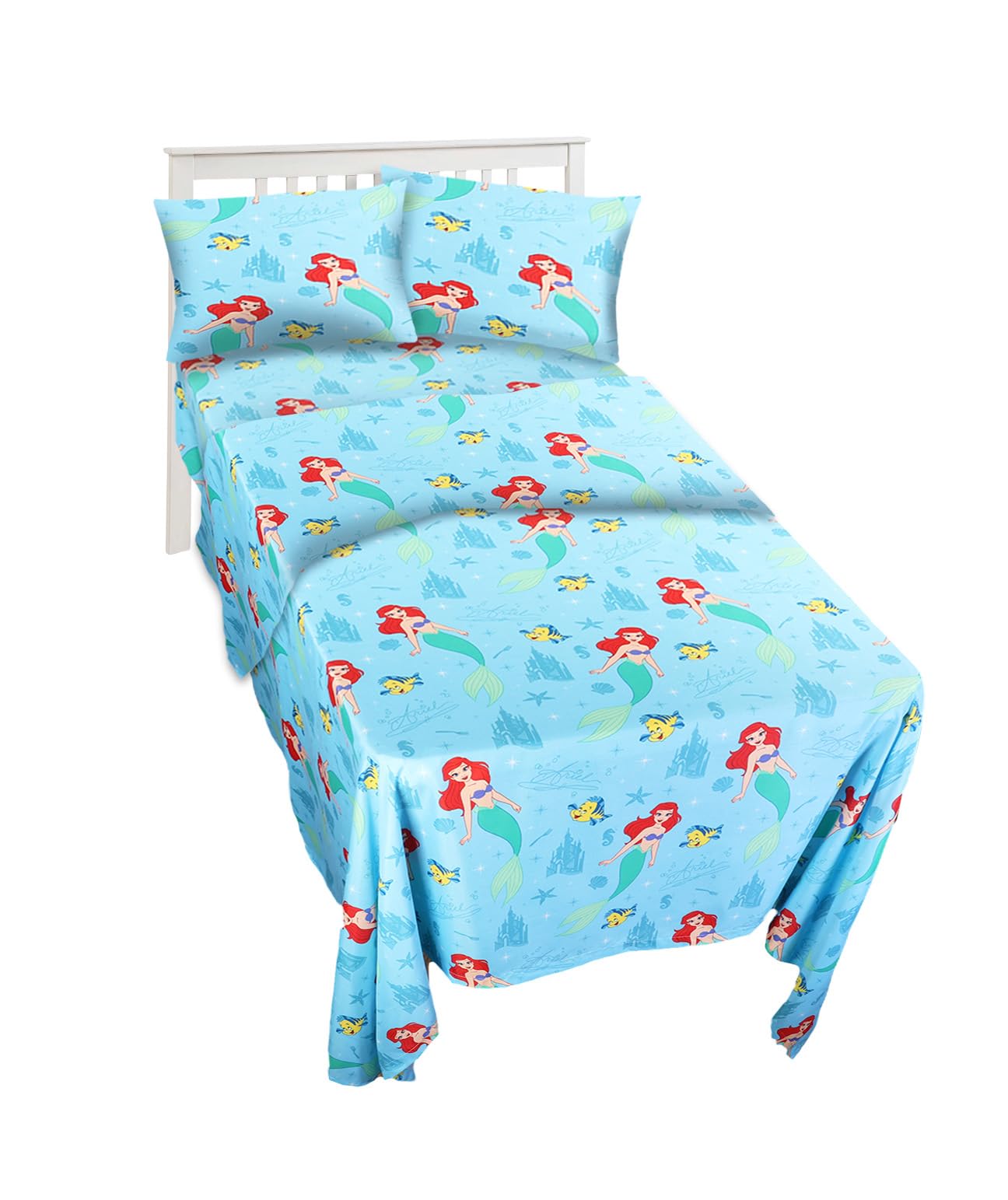 The Little Mermaid Twin Bedding Set for Toddlers - Bundle Includes Ariel Sheets with Flat Sheet, Fitted Sheet, and Pillowcase for Twin Bed Plus Stickers, More | Little Mermaid Bedroom Decor