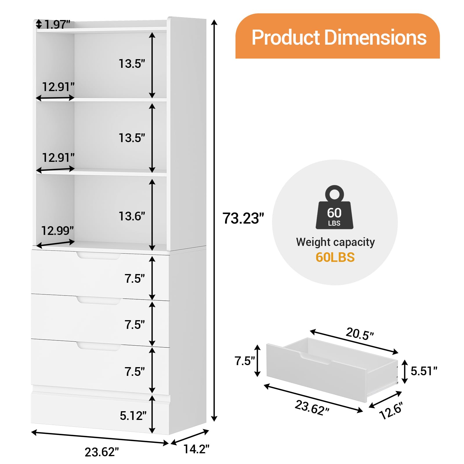 Hasuit Tall Bookshelf with Drawers Bookcase with 3 Drawers and 3-Tier Open Shelves Tall White Bookshelf with Anti-Tipping Kits Wood Bookshelf with Storage for Study Living Room Kitchen Bathroom, White