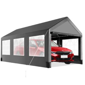 garveelife 10 * 20 heavy duty carport canopy, portable car tent garage with 6 roll-up windows and all-season tarp cover, metal roof & 4 sandbags for car, suv, truck & boat, grey