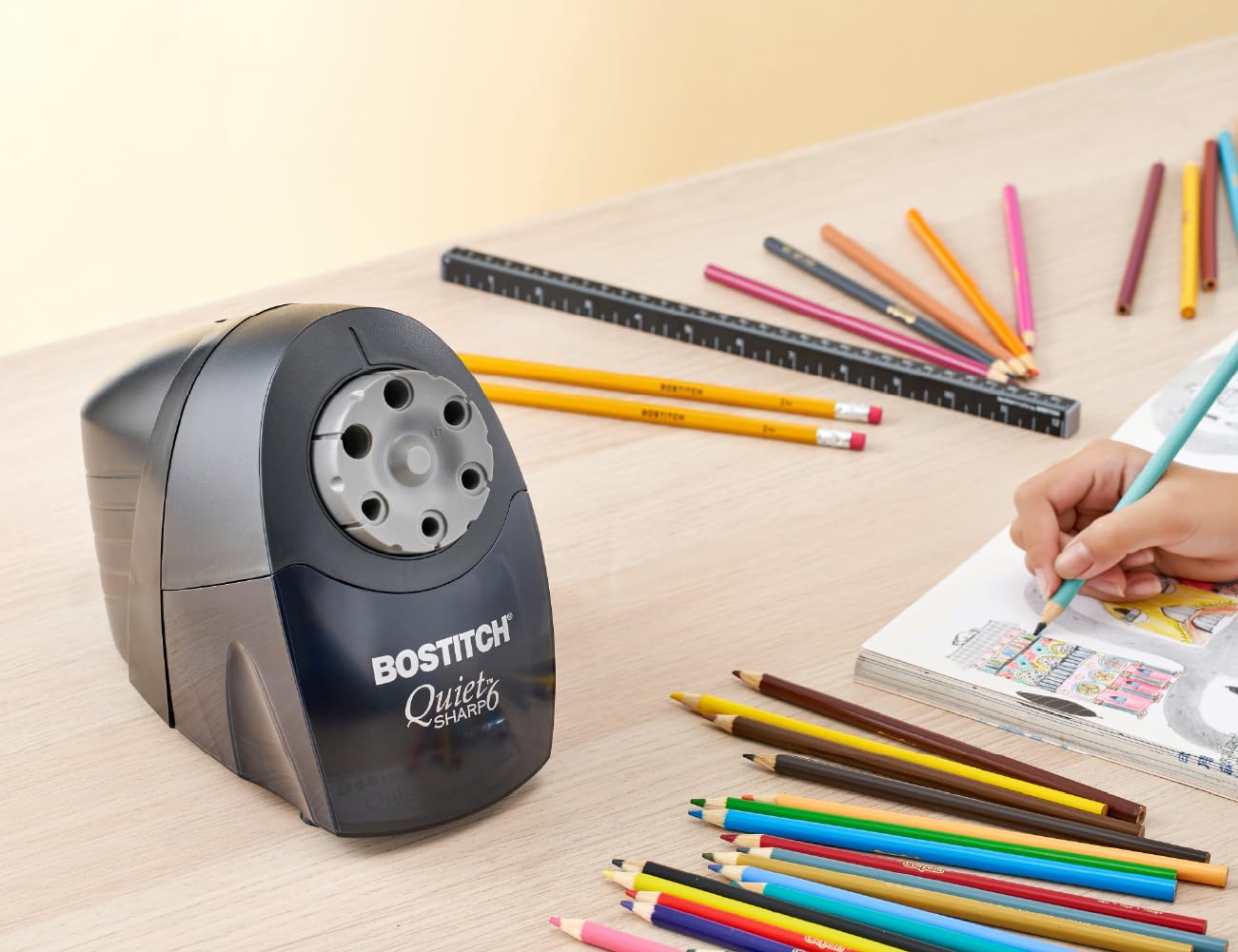 Bostitch Office QuietSharp 6 Electric Pencil Sharpener, Heavy Duty Classroom Sharpener, Size Selector with 6 Different Sizes, Perfect for Classroom and Homeschool Use, Black