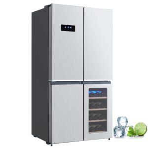 garveehome 36 inch french door refrigerator, 21 cu.ft. counter depth refrigerator bottom freezer with wine cabinet, stainless steel 4 doors fridges kitchen freezer, adjustable shelves