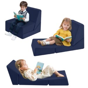 memorecool toddler couch fold out sofa bed, kids lounge chair foldable floor lounger, 3-in-1 folding children chair bed, pull out recliner for toddlers 1-3, navy