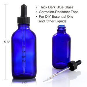 4 Pack 4oz Glass Dropper Bottles with Measured Dropper - 120ml Dark Blue Tincture Bottles with Graduated Calibrated Glass Eye Droppers (1ml) for Essential Oils, Liquids - Leakproof Travel Bottles