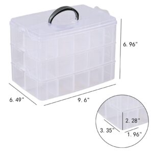 Vababa Clear 3-Tier Stackable Storage Containers with Adjustable 30 Compartments, Jewelry Sewing Storage Box with Handle