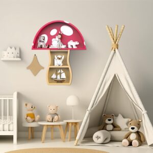 Ybenlld Floating Wooden Mushroom Shelf, Bathroom Shelves,Mushroom Decor,Wall Shelves for Nursery Living Room,Bedroom,Bathroom(Red+Wood)