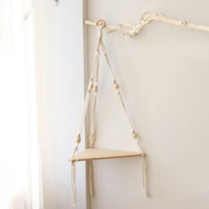 Generic Macrame Hanging Shelf Shelf Rustic White Handmade Corner Rope Shelf for, 32.5cmx23.5cmx75cm, Beige